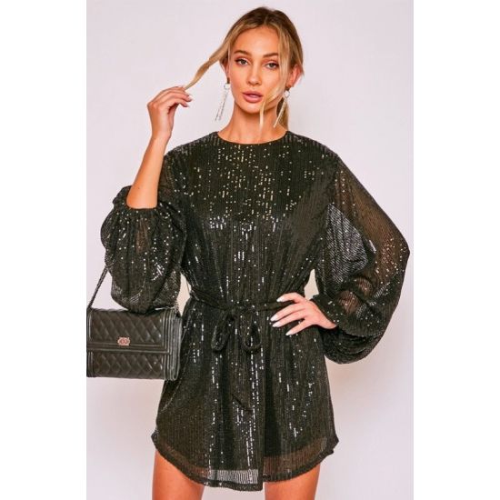 Black Shimmer Balloon Sleeve Belted Mini Dress