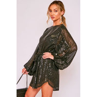 Black Shimmer Balloon Sleeve Belted Mini Dress
