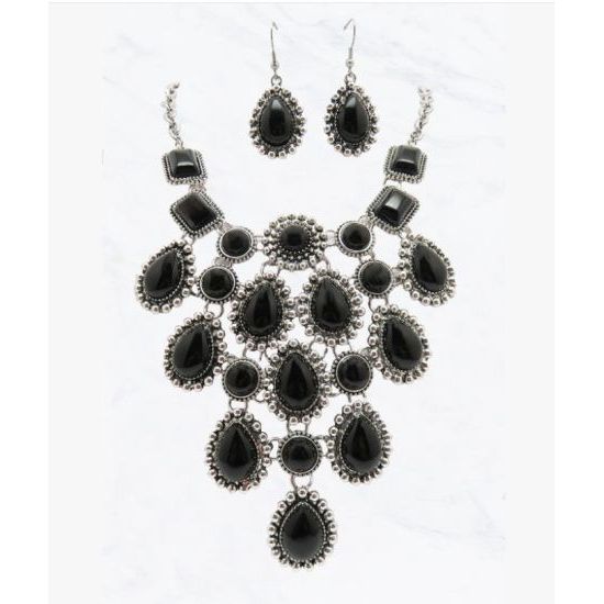 Black Stone Statement Necklace & Earring Set