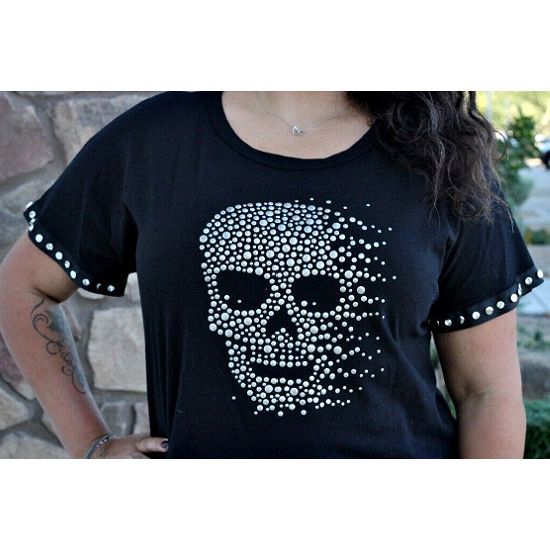 Black Plus Top with Silver Studded Skull - Rhinestone Gal