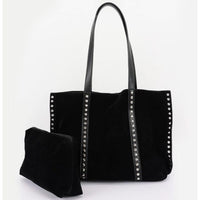 Black Faux Suede Studded Tote Bag with Pouch