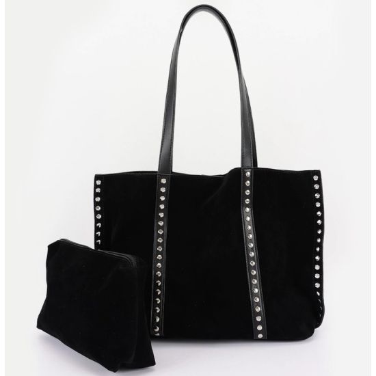Black Faux Suede Studded Tote Bag with Pouch