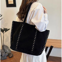 Black Faux Suede Studded Tote Bag with Pouch