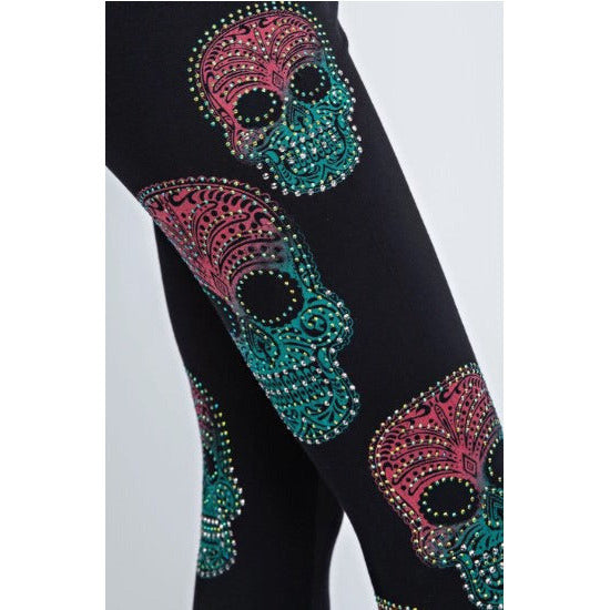 Black Leggings with Colorful Rhinestone Sugar Skulls