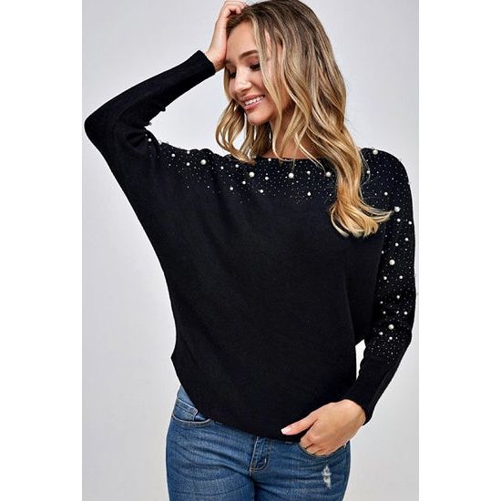 Black Dolman Sweater with Pearls - Rhinestone Gal