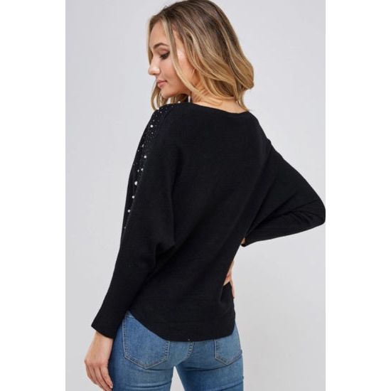 Black Dolman Sweater with Pearls - Rhinestone Gal