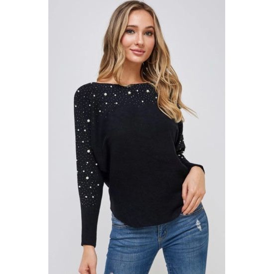 Black Dolman Sweater with Pearls - Rhinestone Gal