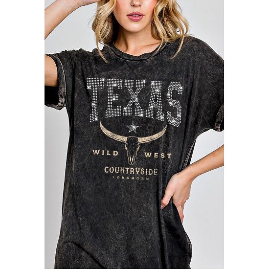 Texas Rhinestone Graphic Mineral Tee Shirt Dress - Rhinestone Gal