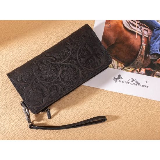Montana West Black Tooled Genuine Leather RFID Wallet with Detachable Zip Pocket