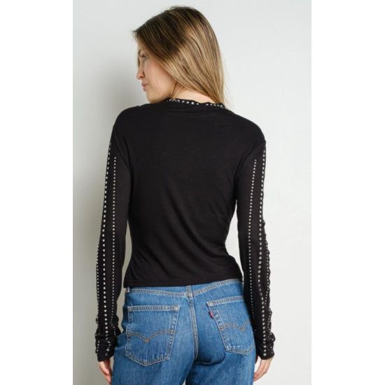 Black Embellished Mock Neck Long Sleeve Top