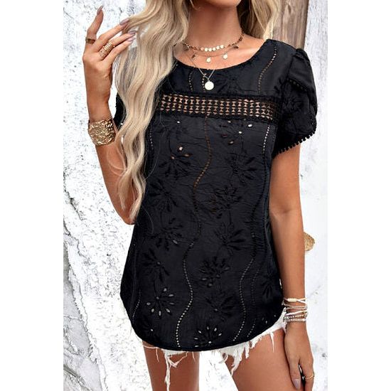 Black Elegant Casual Jacquard Short Sleeved Top Blouse