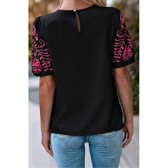 Black Textured Top with Hot Pink Embroidery - Rhinestone Gal