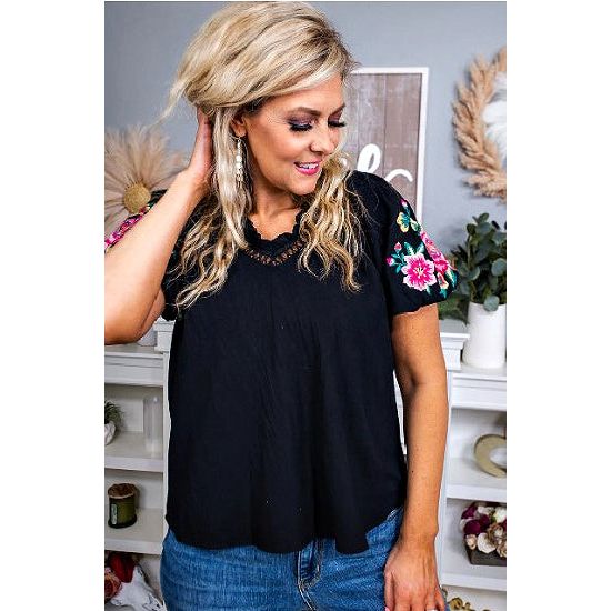 Black Floral Embroidered Bubble Sleeve Frill V Neck Top