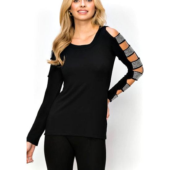 Black Going Out Top with Cut Out Rhinestone Sleeves