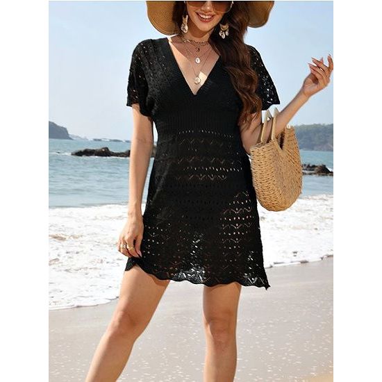 Black Deep Neck Crochet Beach Dress