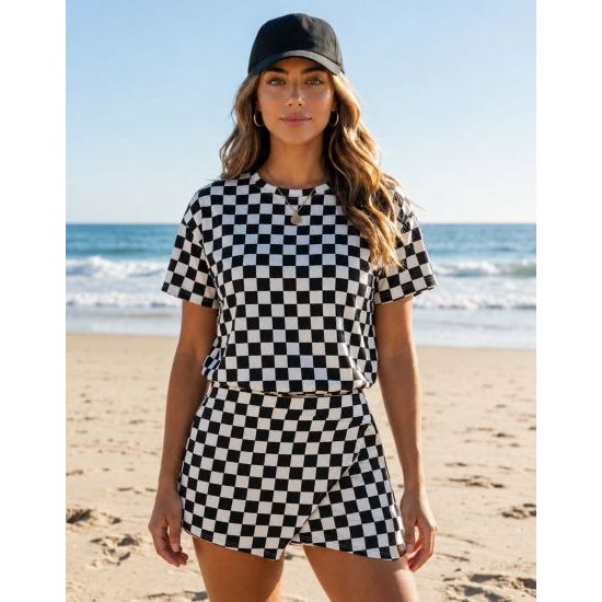 Black Checkerboard Top & High Waist Skort Set