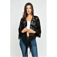 Black Floral Crochet Front Tie Up Kimono