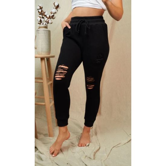 Black Distressed Plus Size Jogger Pants with Drawstring Waist – 3X
