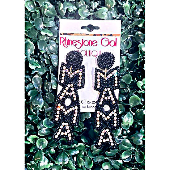 Black Seed Bead Rhinestone MAMA Dangle Earrings