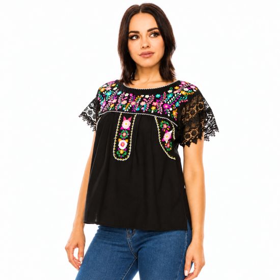 Black Floral Embroidered Lace Sleeve Blouse