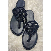 Black Leather Rhinestone Designer Inspired Thong Sandals