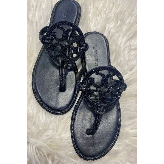 Black Leather Rhinestone Designer Inspired Thong Sandals