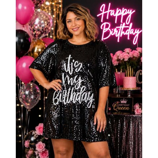 It's My Birthday Black Sequin Tunic Dress – Plus Size