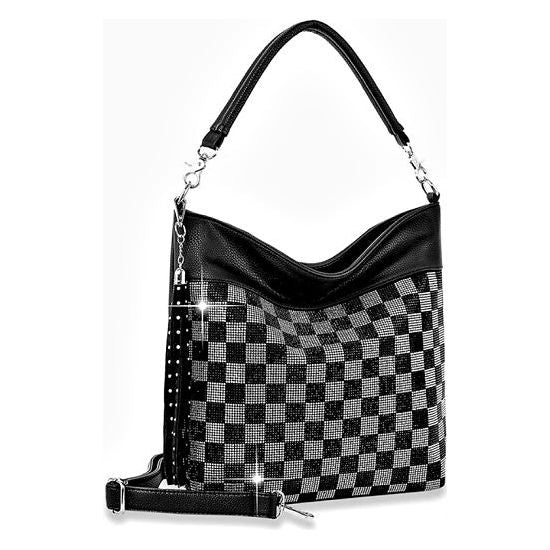 Black and Clear Rhinestone Checkered Boho Handbag