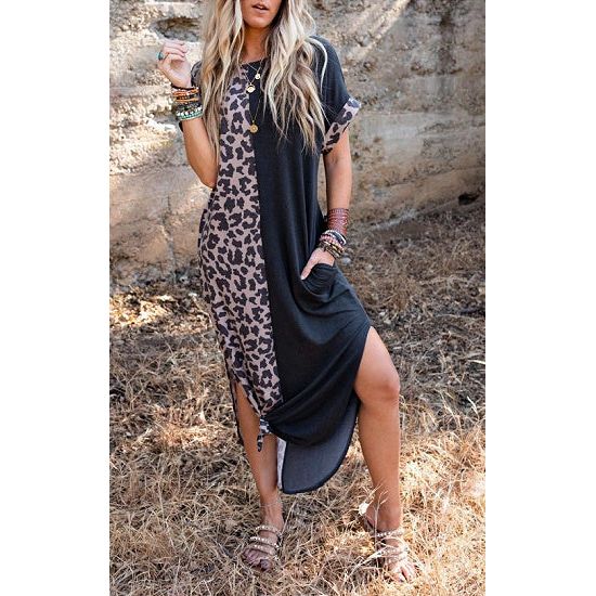 Black and Leopard Maxi Dress with Rolled Sleeves