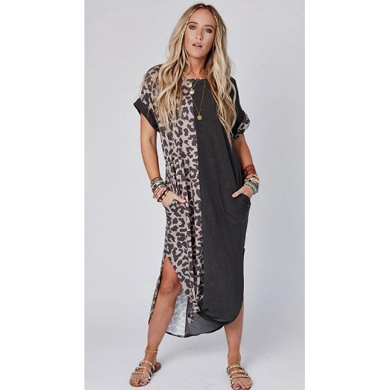 Black and Leopard Maxi Dress with Rolled Sleeves