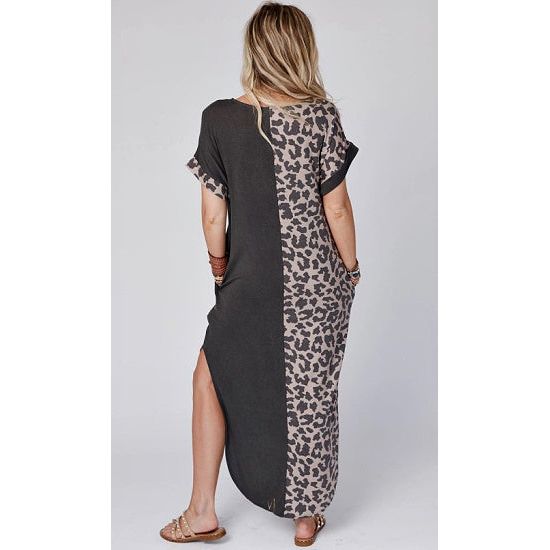 Black and Leopard Maxi Dress with Rolled Sleeves