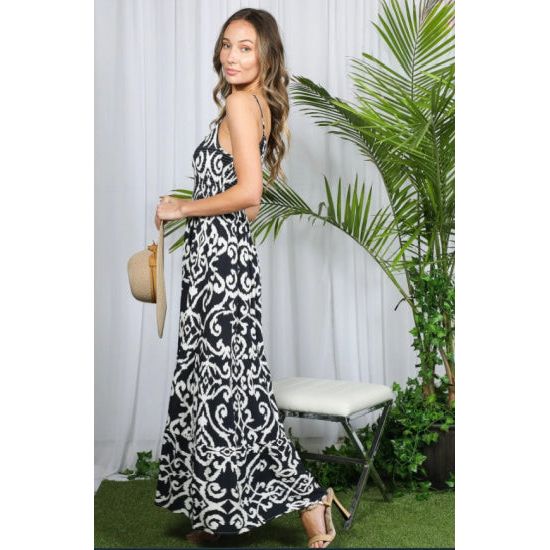 Black & White Smocked Maxi Dress with Adjustable Straps