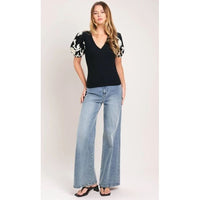 Black Ribbed Top with Embroidered Puff Sleeves