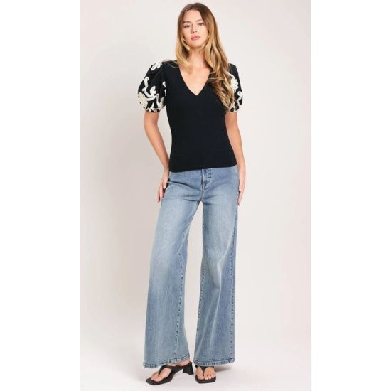 Black Ribbed Top with Embroidered Puff Sleeves