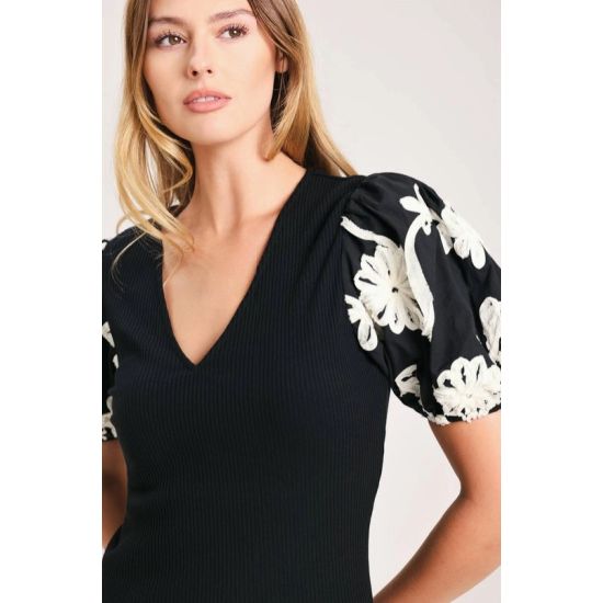 Black Ribbed Top with Embroidered Puff Sleeves
