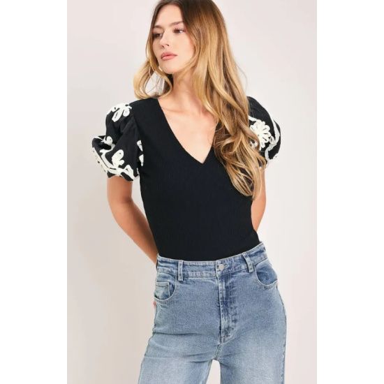 Black Ribbed Top with Embroidered Puff Sleeves