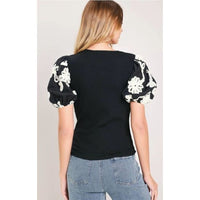 Black Ribbed Top with Embroidered Puff Sleeves
