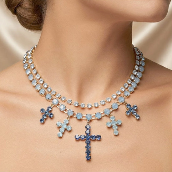 Blue Crystal Cross Charm Statement Necklace