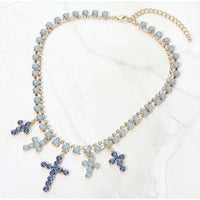 Blue Crystal Cross Charm Statement Necklace