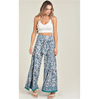 Boho Blue Floral Tie Waist Wide Leg Pants