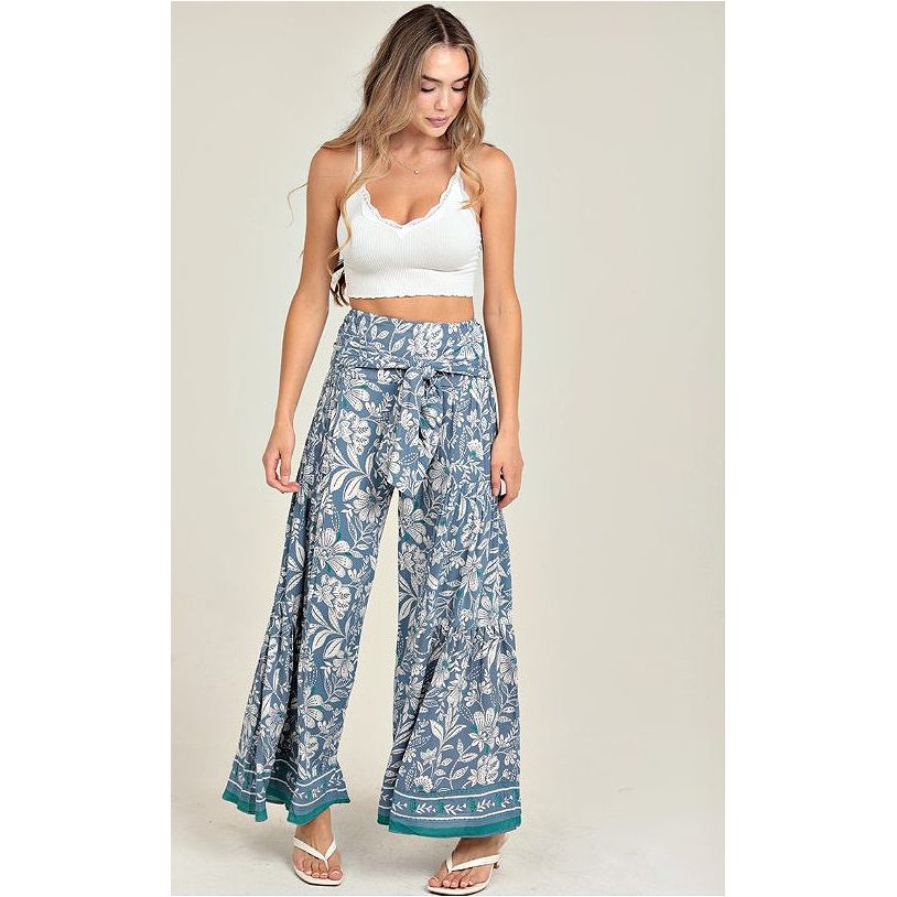 Boho Blue Floral Tie Waist Wide Leg Pants