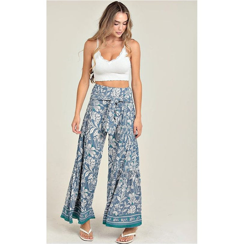 Boho Blue Floral Tie Waist Wide Leg Pants