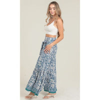 Boho Blue Floral Tie Waist Wide Leg Pants