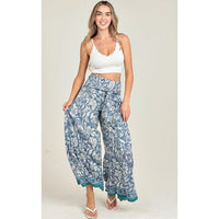Boho Blue Floral Tie Waist Wide Leg Pants