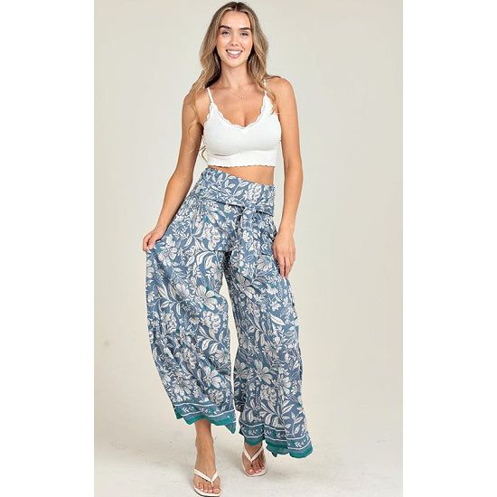 Boho Blue Floral Tie Waist Wide Leg Pants