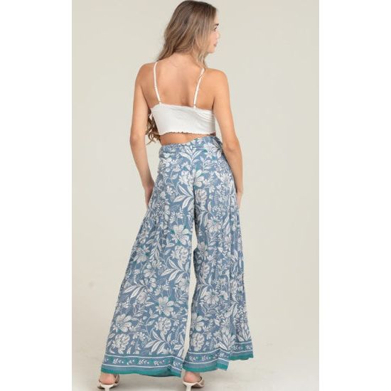 Boho Blue Floral Tie Waist Wide Leg Pants