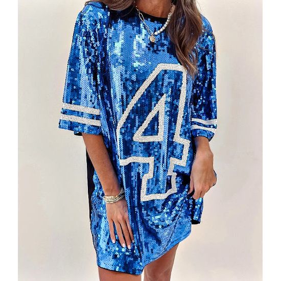 Number 4 Blue Sequin Jersey Dress - Rhinestone Gal