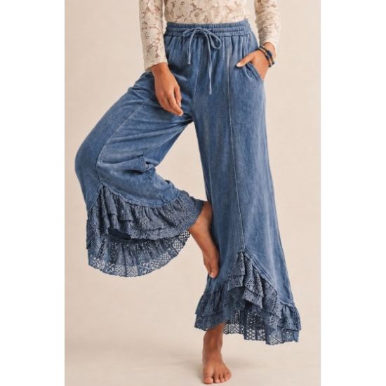 Mineral Wash Lace Ruffle Wide Leg Pants