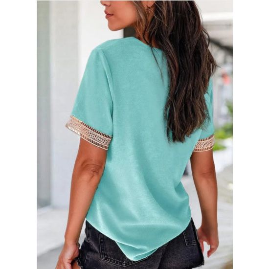 Aqua V-Neck Top with Lace Detail