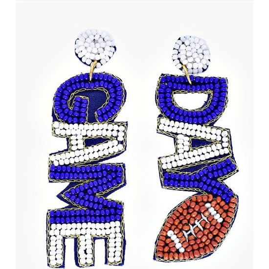 Blue and White Game Day Seed Bead Football Earrings